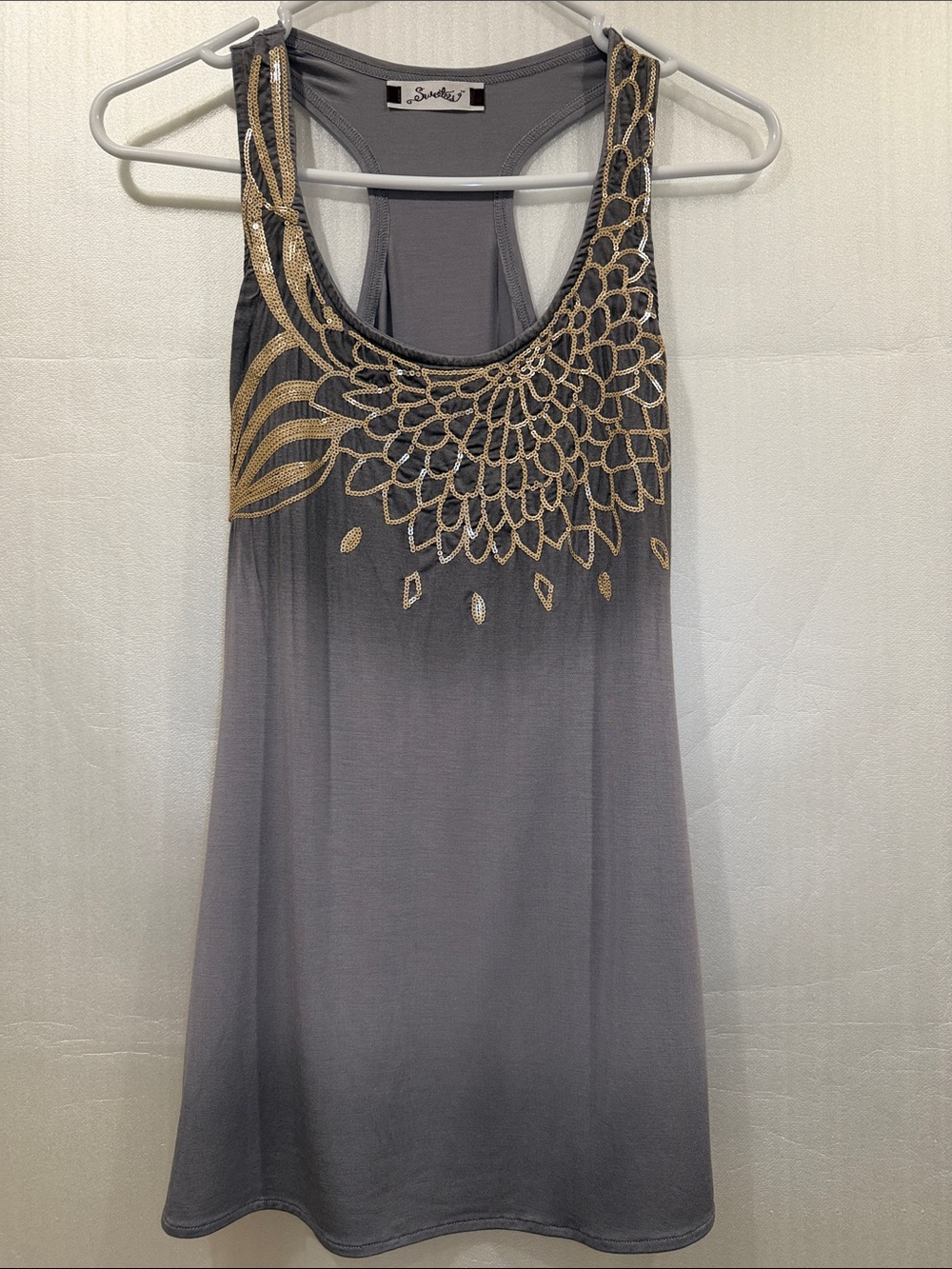 Sweetees Gray Racerback Tank with Gold Floral Motif